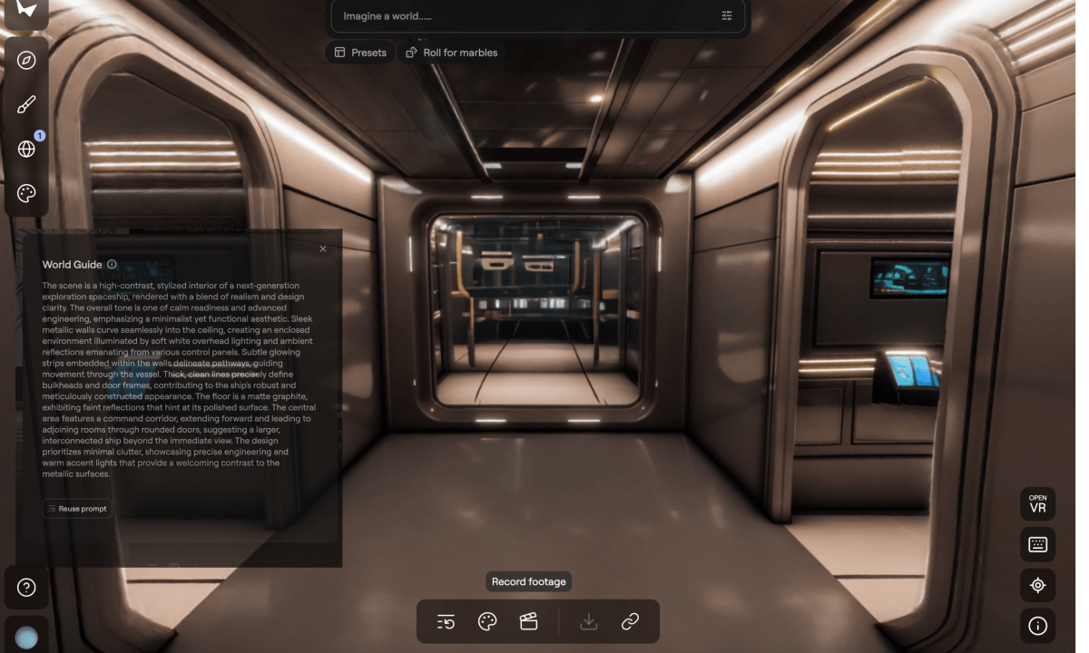 Space ship environment created in Marble with text prompt overlayed. Note how the lights are realistically reflected in the hub's walls.