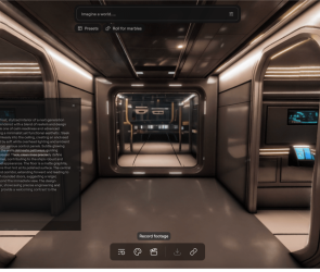 Space ship environment created in Marble with text prompt overlayed. Note how the lights are realistically reflected in the hub's walls.