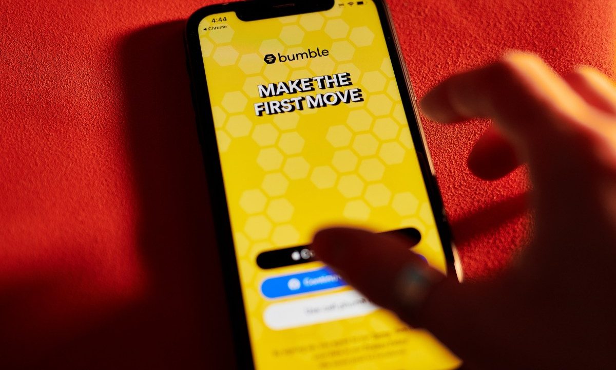 The Bumble app on a smartphone arranged in New York, US, on Monday, Nov. 6, 2023.