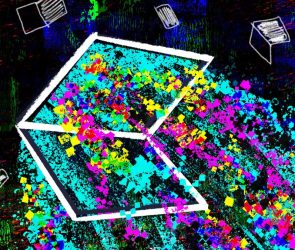 an illustration of data spilling out of a laptop screen surrounded by patterns of laptops and other devices on a darkened background