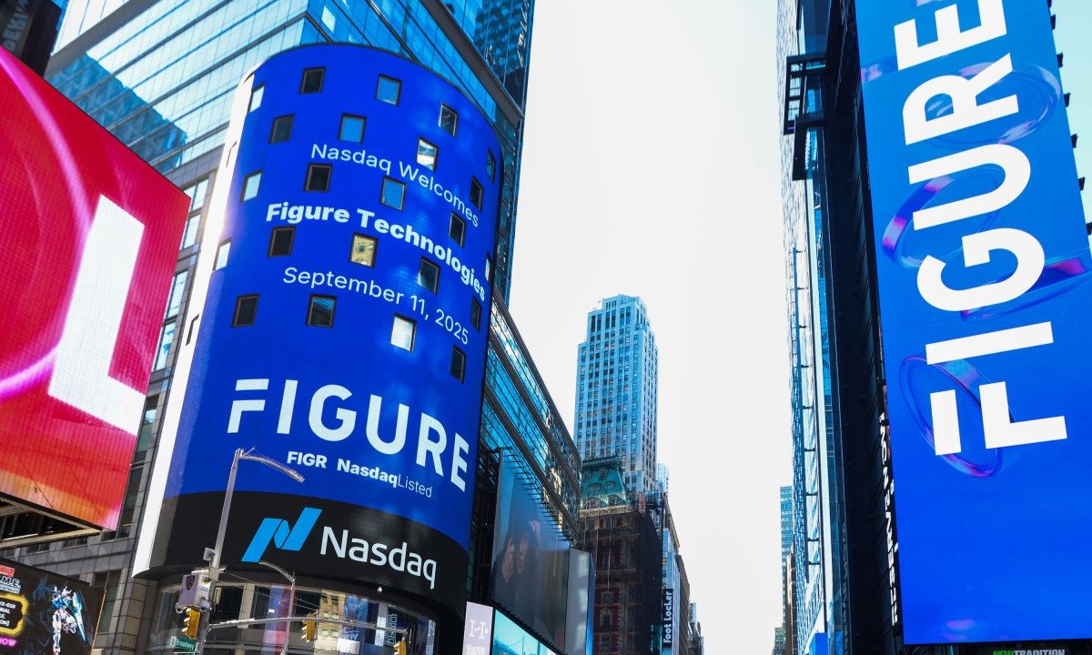 Figure Technology Solutions Inc. signage during the company's initial public offering at the Nasdaq MarketSite in New York, US, on Thursday, Sept. 11, 2025.