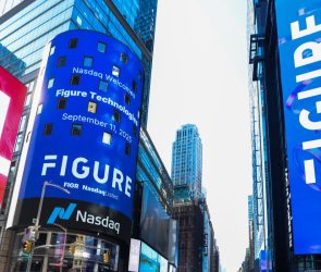 Figure Technology Solutions Inc. signage during the company's initial public offering at the Nasdaq MarketSite in New York, US, on Thursday, Sept. 11, 2025.