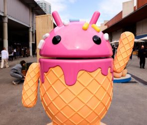 The Google Android logo and mascot, known as Bugdroid by the community, is being displayed as a statue resembling a strawberry ice-cream cone on Android Avenue at the Mobile World Congress 2024 in Barcelona, Spain, on March 25, 2024.