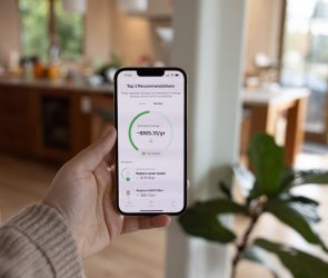 A person holds a phone showing an energy efficiency app.
