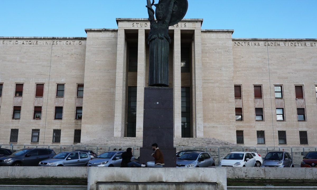 Two university students are seen at La Sapienza University Campus on March 4, 2020 in Rome, Italy.