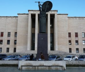 Two university students are seen at La Sapienza University Campus on March 4, 2020 in Rome, Italy.