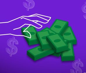 a white outlined hand grabbing piles of illustrated cash on a purple background with dollar signs