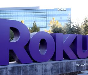 Roku's company logo is seen in front of Roku headquarters
