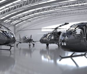 Skyryse helicopters parked in a hangar