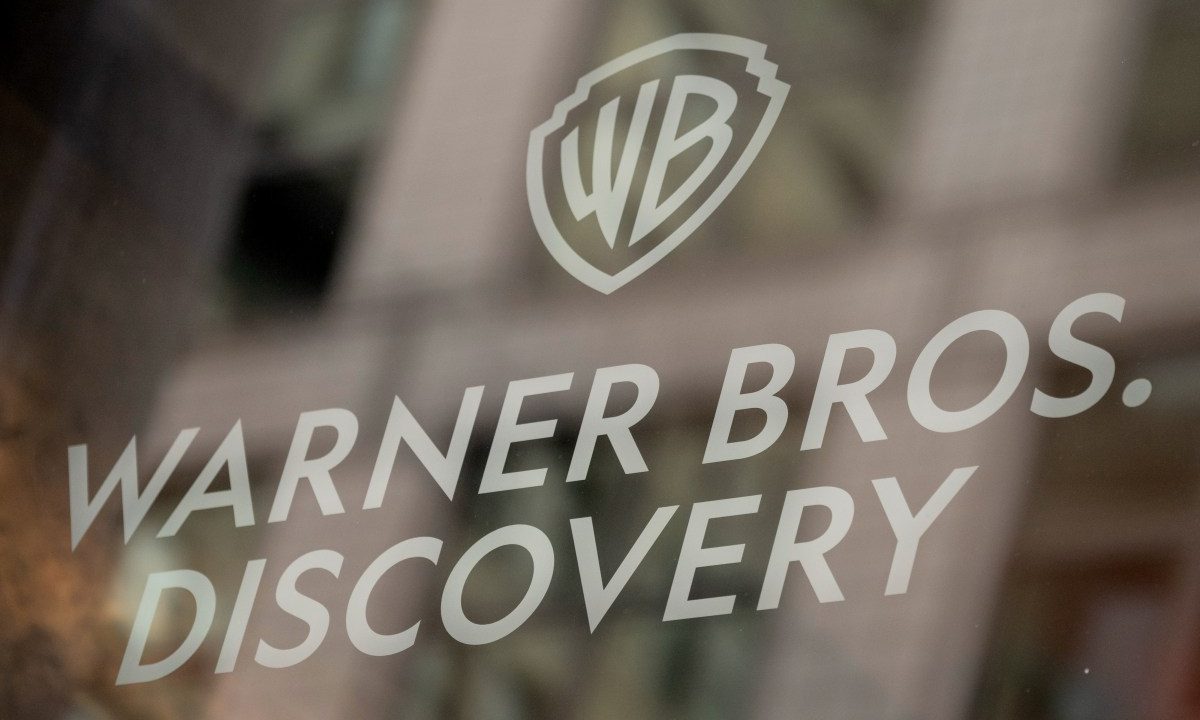 Signage at the Warner Bros. Discovery headquarters in New York