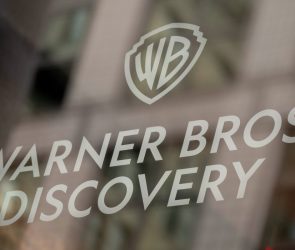 Signage at the Warner Bros. Discovery headquarters in New York