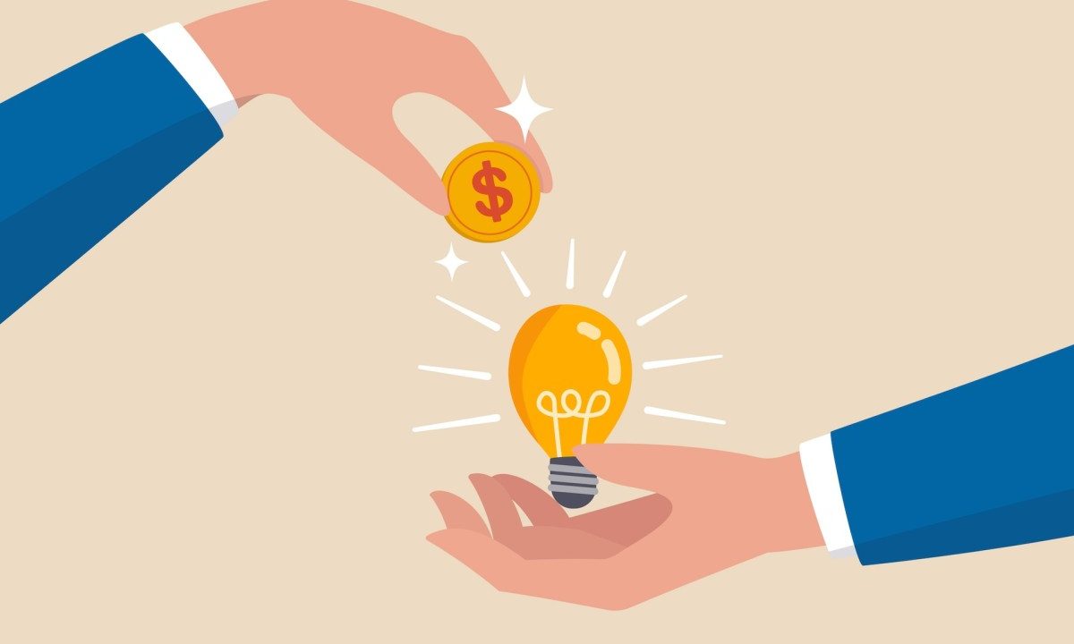 Crowd funding, new business or start up company to get money or venture capital to support or sponsor business concept, businessman hand giving money dollar coin to new business idea light bulb.