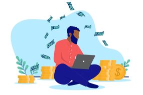 Black ethnic man sitting with laptop on floor making income online. Flat design vector illustration with white background