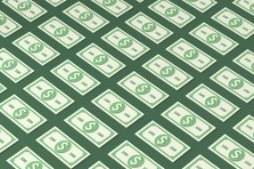 an illustration of patterned 100 dollar bills on a green background