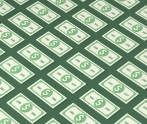 an illustration of patterned 100 dollar bills on a green background