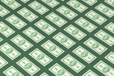 an illustration of patterned 100 dollar bills on a green background
