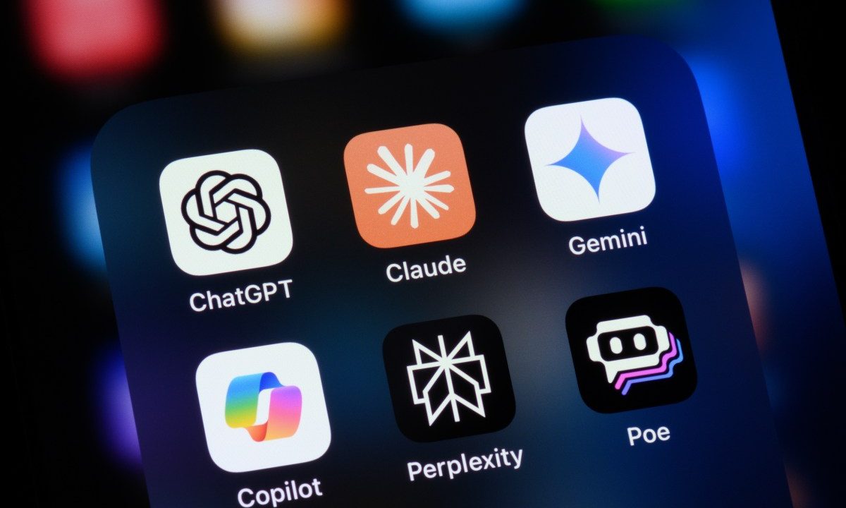 Popular AI virtual assistant apps on an Apple iPhone: ChatGPT, Claude, Gemini, Copilot, Perplexity, and Poe.