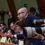 During a press conference organized by the National Council of the Order of Journalists at the Chamber of Deputies, Fanpage director Francesco Cancellato asks the Prime Minister Giorgia Meloni about the wiretapping case involving himself, other journalists and activists.