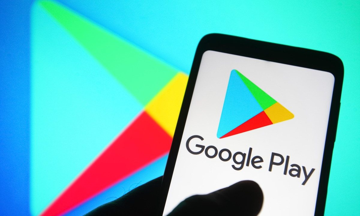 In this photo illustration a Google Play Store logo is seen on a smartphone.
