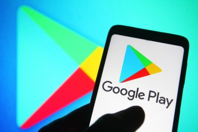 In this photo illustration a Google Play Store logo is seen on a smartphone.