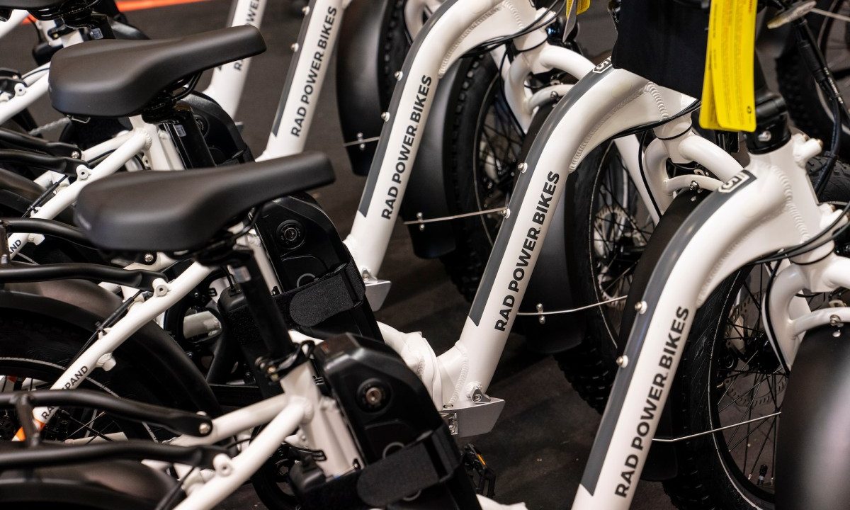 Stored e-bikes in a warehouse at Rad Power Bikes in Seattle.