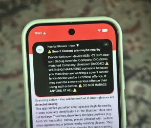 a photo showing the Nearby Glasses app and an alert notification on an Android device